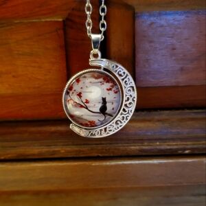 Crescent Moon with A Black Cat Pendant Necklace
